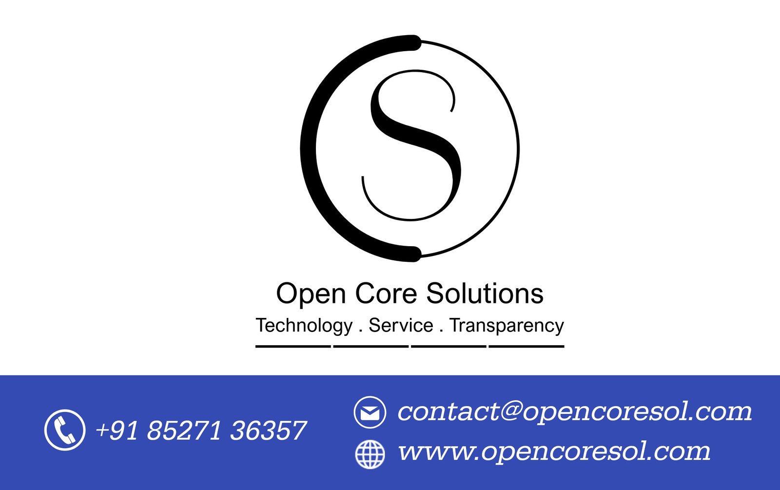 Open Core Solutions logo with tagline Technology, Service, Transparency and contact details for IT support in Mumbai