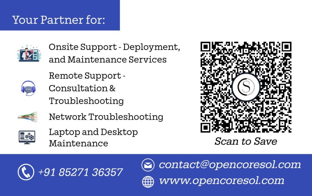 Open Core Solutions business card back listing onsite support, remote support, network troubleshooting, and laptop maintenance services with a QR code
