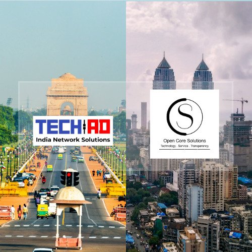 Split image showing India Gate in Delhi-NCR with the Tech-AD India Network Solutions logo on the left, and the Mumbai skyline with the Open Core Solutions logo on the right